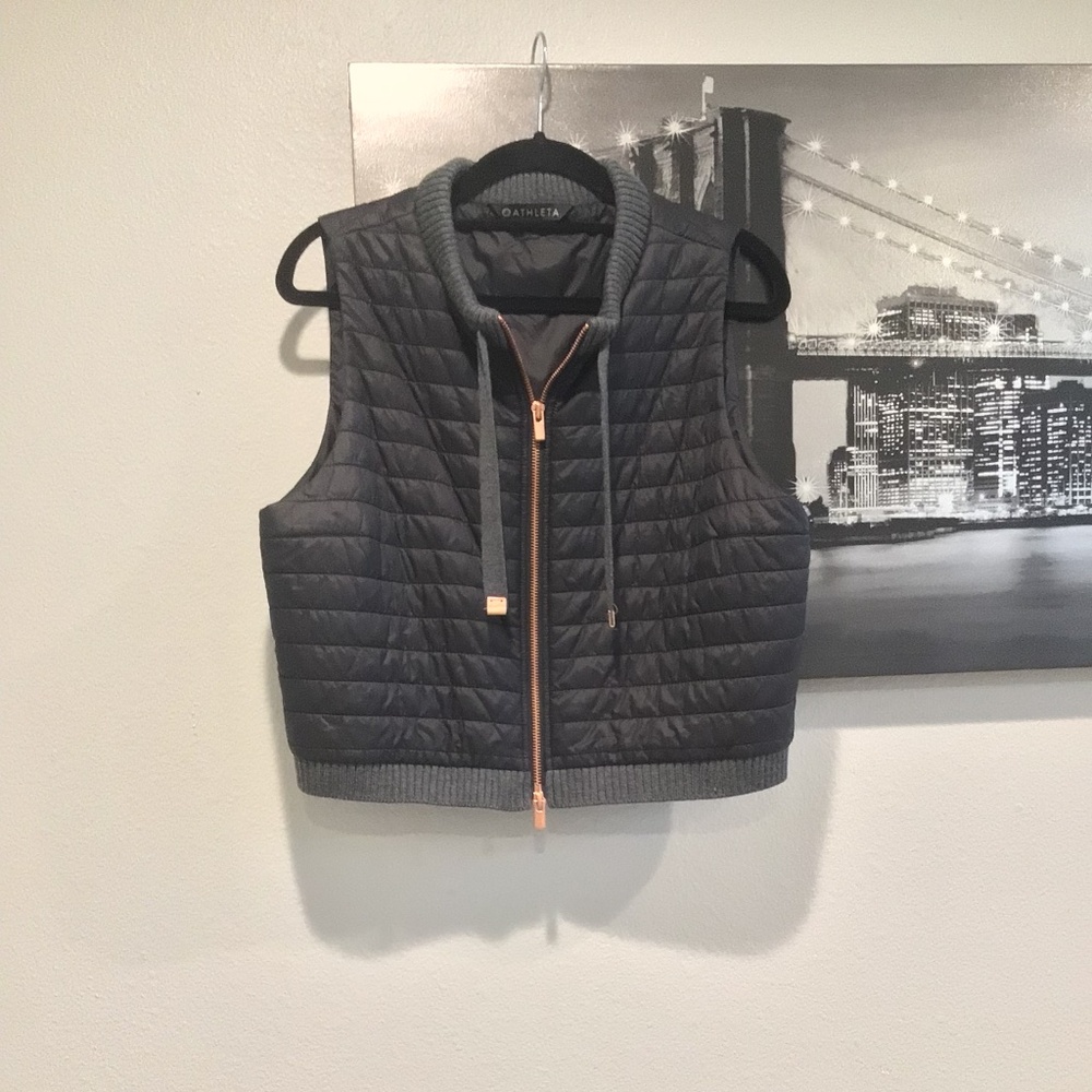 Athleta Black Quilted Tings Puffer Vest Rose Hardware & Knit Wool Trim - Picture 2 of 8